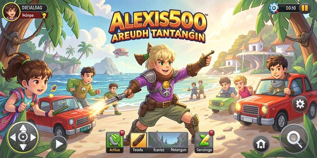 Screenshot ALEXIS500 menunjukkan aksi penuh warna dan gameplay yang dinamis.