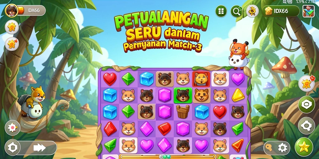 Tangkapan layar gameplay <strong>IDX66</strong> yang menampilkan aksi seru mencocokkan permata.