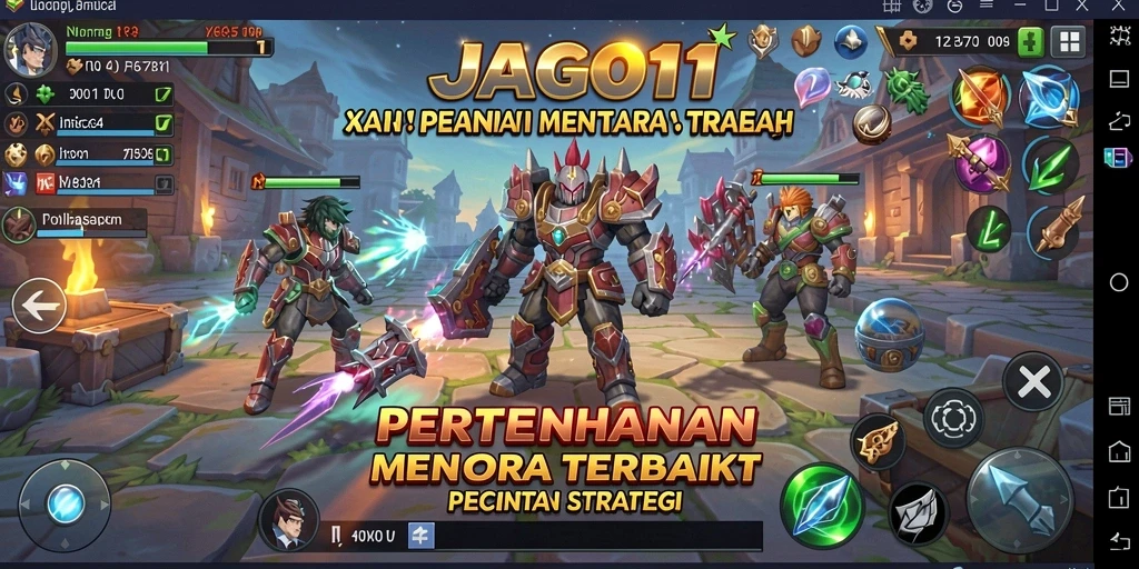 Screenshot gameplay JAGO11 menampilkan pertahanan menara strategis yang mendebarkan.