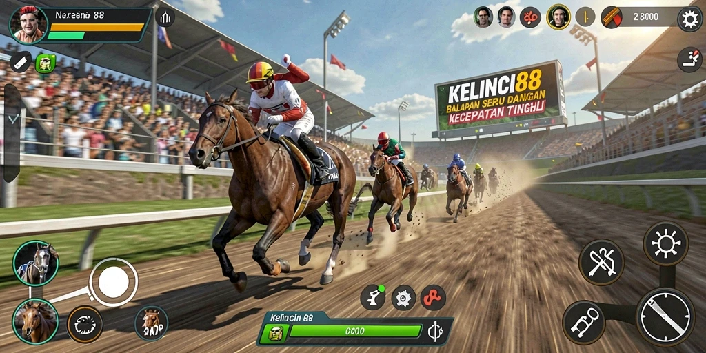 Tampilan gameplay menegangkan KELINCI88 dengan kecepatan tinggi dan lintasan yang bervariasi.