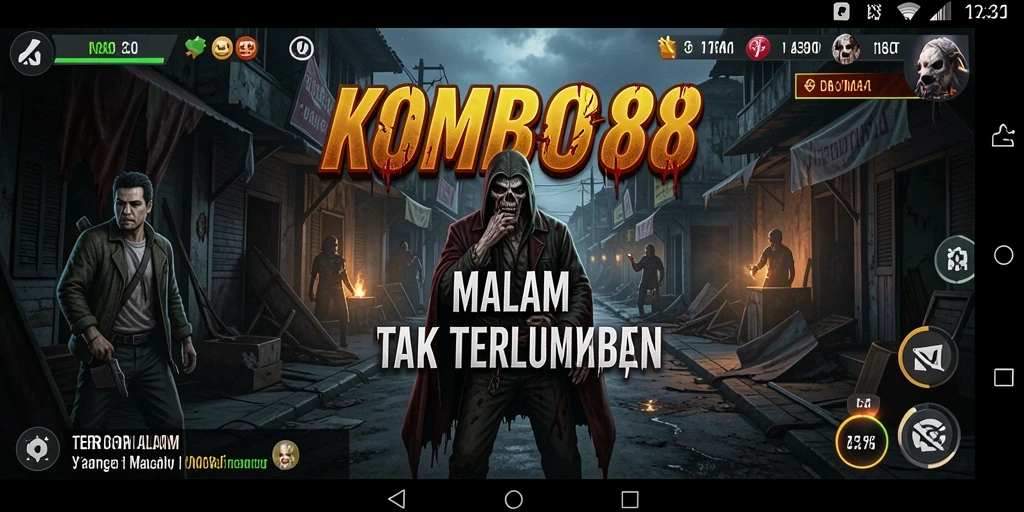 Screenshot utama KOMBO88 menampilkan momen menegangkan saat berhadapan dengan hantu.